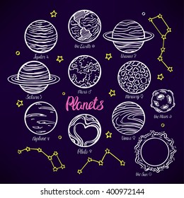 Set with the planets of the solar system and the constellations on dark background. hand-drawn illustration