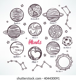 Set with the planets of the solar system and the constellations on white background. hand-drawn illustration