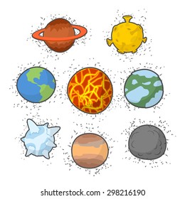 Set  planets solar system. Funny cartoon planet- Star:  Earth and  Moon,  Sun and Jupiter. Vector illustration