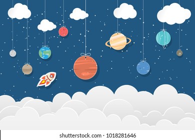 set of planets in Solar system hang on blue and star background : Mercury, Venus, Earth, Mars, Jupiter, Saturn, Uranus, Neptune, Pluto. Space illustrations