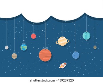 set of planets in Solar system hang on blue and star background : Mercury, Venus, Earth, Mars, Jupiter, Saturn, Uranus, Neptune, Pluto. Space illustrations