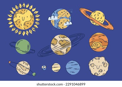 Set of planets of the solar system on a blue background in flat style. Sun, Earth, Jupiter, Uranus