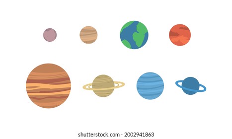 A set of planets of solar system or stars of universe. Space objects observed in astronomical observatory or planetarium. Flat cartoon vector illustration isolated on white.
