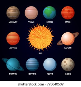 Set of Planets of Solar System with Sun and Moon. Vector Illustration. Flat Style. Icons Graphic Design for Education Classes, Study Books, Planetarium, Flayers, Banners, Posters, Cards.