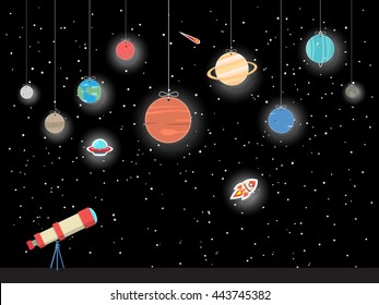 set of planets in solar system with telescope in space background