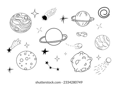 Set planets space elements, stars, meteorite in doodle style. Galaxy icons, simple design