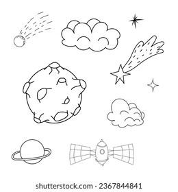 Set planets space elements, stars, meteorite in doodle style. Galaxy icons, simple design