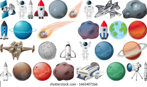 Conjunto de planetas y ilustración de objetos espaciales