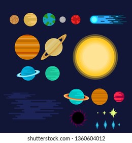Set of planets and space objects. The planets of the solar system, the sun, a comet, a black hole and stars. Flat style