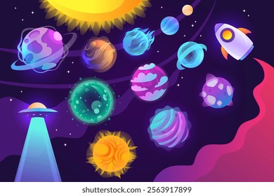 Set of planets and space objects. Vector cartoon illustration. UFO, rocket and stars. EPS 10