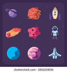 set of planets, space rocket and universe icons vector illustration design