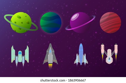 Set of planets and spaceships. Space game vector