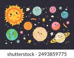 Set of planets, stars, asteroids, and comets in outer space. Bundle of different abstract cosmic objects in cosmos. Childish universe in doodle style. Isolated flat vector illustration