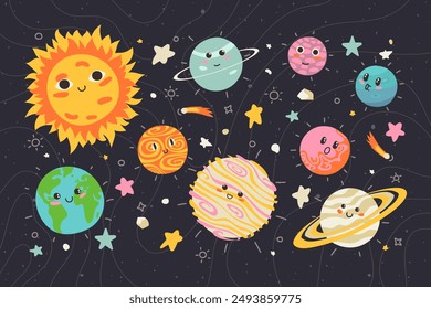 Set of planets, stars, asteroids, and comets in outer space. Bundle of different abstract cosmic objects in cosmos. Childish universe in doodle style. Isolated flat vector illustration