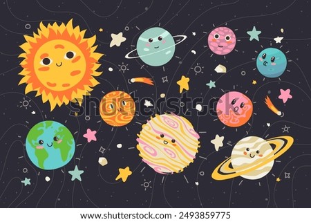 Set of planets, stars, asteroids, and comets in outer space. Bundle of different abstract cosmic objects in cosmos. Childish universe in doodle style. Isolated flat vector illustration