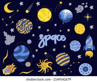 Set of planets, stars, asteroids, shuttle and comets in outer space. Bundle of different abstract cosmic objects in cosmos. Childish universe in doodle style. Isolated flat vector illustration