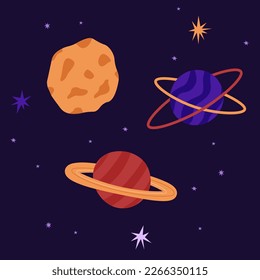 Set of planets and stars in outer space vector illustration. Different abstract cosmic objects in cosmos. Childish universe. International Day of Human Space Flight and Cosmonautics Day