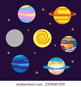Set of planets and stars in space. Isolated elements, bright badges, icons, print, decor.