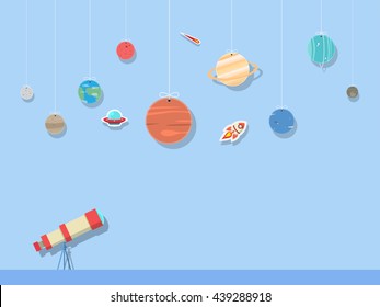 set of planets and sun in solar system with telescope in blue background