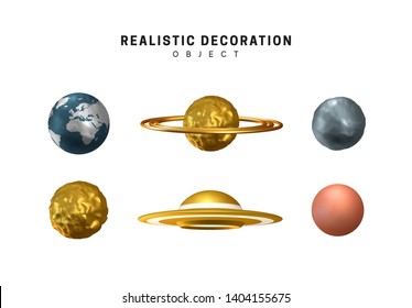 Set of planets and Ufo. Realistic 3d earth, moon and red planet mars, saturn and flying saucer. Isolated design elements on white background. Collection of objects vector illustration