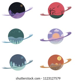 Set planets vector flat illustration. Concept of a set of planets with landscapes inside.
