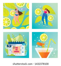 Set Planned Vacation for Woman, Start Summer. Active Holiday at Seaside Resorts. Colorful Advertising Flyers on Citrus Background. Fresh Juicy Summer Drink for Girls. Vector Illustration.