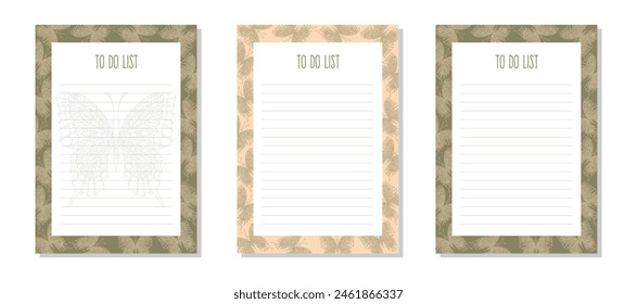 Set planner, to do list with hand drawn butterfly in zentangle style and pastel colors.