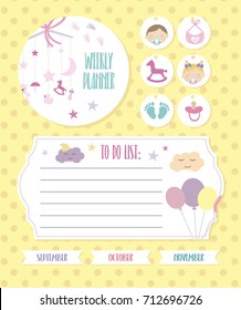 Set of planner elements with baby theme. Daily and weekly planner. Vector illustration