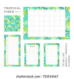 Set of planner goods. Tropical leaves theme. Monthy, weekly, daily schedule, to do list, notes templates. Printable vector 