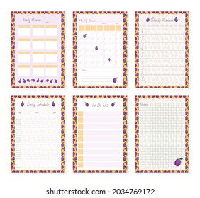Set of planner page templates decorated with fruits. Yearly, monthly, weekly and daily organizers on background of plum pattern. Vector 10 ESP.