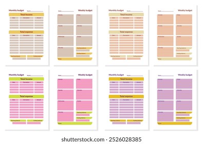 Set of planner pages in different colors. Monthly budget planner. Weekly budget planner. Expenses and finances.