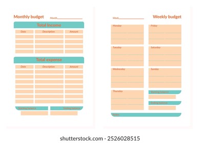 Set of planner pages in different colors. Monthly budget planner. Weekly budget planner. Expenses and finances. Planner page template. Finances. Calculations.