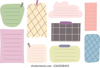 Conjunto de notas de papel del planificador. Notas de emoticones alineadas y cuadradas para la lista de tareas pendientes, mensaje de memo y recordatorio. Ilustración del vector