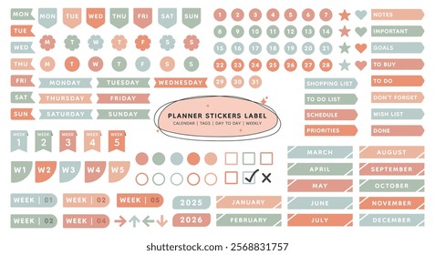 Set of Planner Sticker Labels. Organizer tags, check, monthly, weekly, day to day. Bullet journal stamps, Notebook stamps doodle, memo schedule.