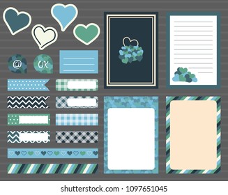 Set of planner sticker Vintage blue heart vector cards, printable, Placards, tags, Posters, templates, Notes, Stickers, Labels, Scrap booking, Congratulations, Invitations, Vector illustrations 