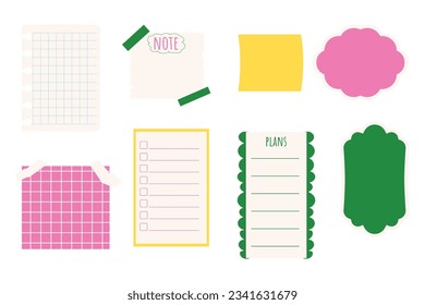 Set planner stickers, bookmarks and elements doodle cartoon style, bright trendy isolated on white background.