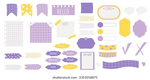 Set planner stickers, bookmarks and elements doodle cartoon style, bright trendy isolated on white background.