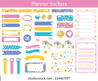 Set of planner stickers with cute Unicorn, rainbow and star In simple kids cartoon style. Weekly Planner pages.