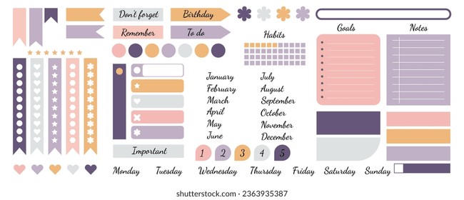 Set of planner stickers for digital, web, pastel colors, simple, isolated on white background