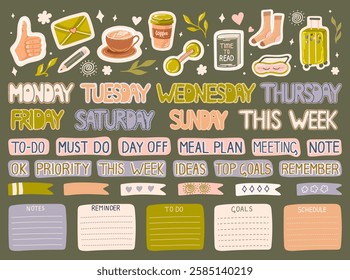 Set of planner stickers and lettering for diaries and bullet journaling. Cute elements for daily and weekly time organization and motivation. Vector.