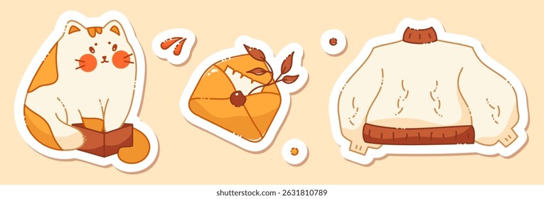 A set of planner stickers on a fall theme. A kawaii cat, warm sweater and envelope with an autumn sprig.