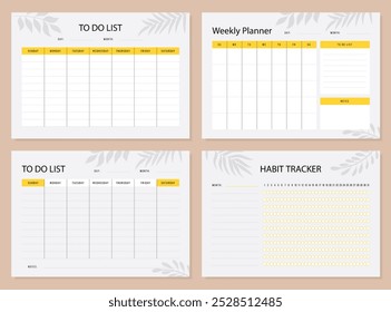 Set of planner templates. Weekly, notes, to-do list, tracker. Blank page. Vector.