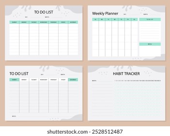 Set of planner templates. Weekly, notes, to-do list, tracker. Blank page. Vector.