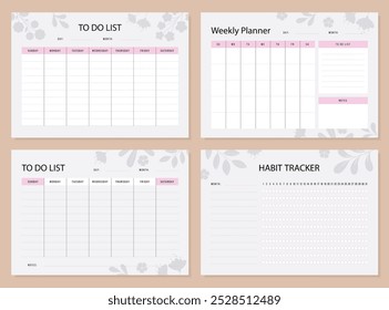 Set of planner templates. Weekly, notes, to-do list, tracker. Blank page. Vector.