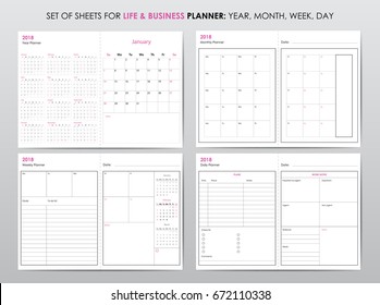 Set of planners for 2018, life and business planner sheets