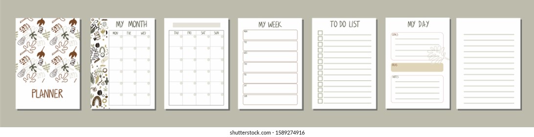 Set of planners with abstract design. Daily, weekly, monthly planner template. Notebook page isolated. Business organizer page. Vector paper sheet, ready for printing. Ideal for your notebook, diary.