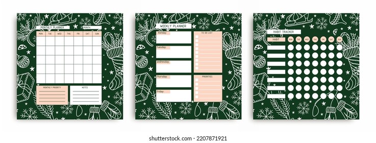 Set of planners: calendar, weekly planner, and habit tracker. Notes for the organization of time with a Christmas background. Calendar. Winter mood.