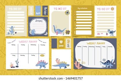 Set of planners with cute dinosaurs in Scandinavian style. Cute postcards, day planners, to-do list for print. Hand drawn doodle illustration of cute dino with cactus and trendy lettering