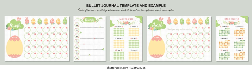 Set of planners with cute floral doodles.  Template for agenda, schedule, planners, checklists, bullet journal, notebook and other stationery.