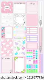 Set  planners and cute postcards with cats. Template for cards or poster design.  Notepad for printing. Vector illustration.
